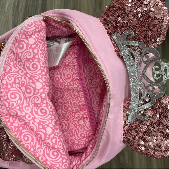 RARE DCL Disney Pink Sequin Backpack with Ears and Bibbidi Bobbidi Boutique sash main image 5
